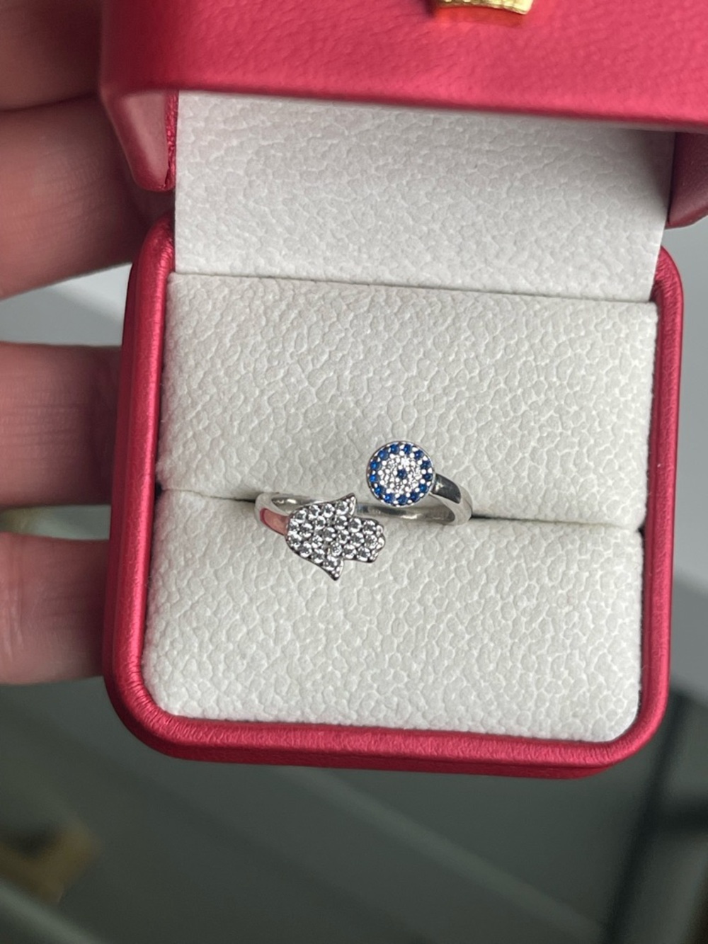 925 Sterling Silver Hamsa and Blue Evil Eye Adjustable Ring